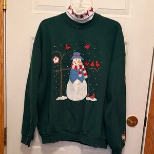 Orvis Vintage Green Snow Man Sweatshirt with Attached Turtleneck.  XL
